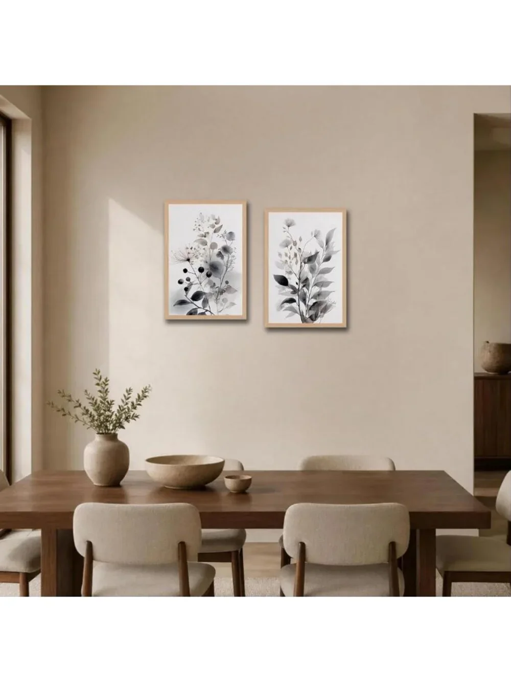 Set of 2 Framed Botanical Wall Art - Neutral Floral Canvas Prints 16x24